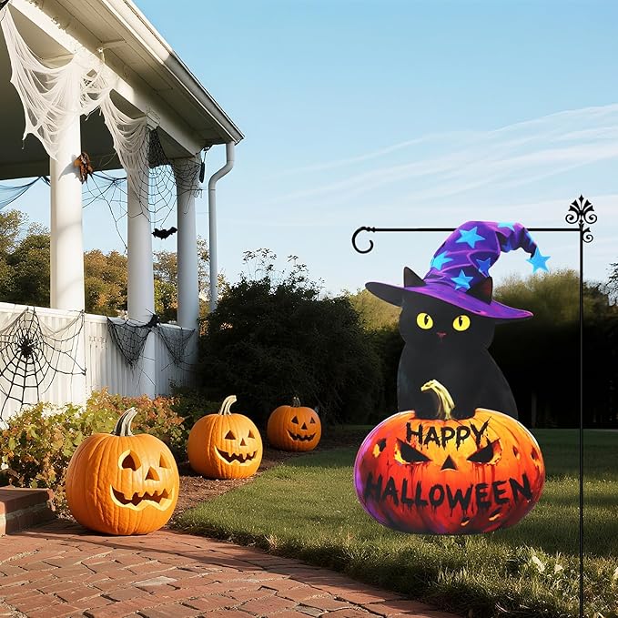 Halloween Black Cat Garden Flags 12x18 Inch Double Sided, Happy Halloween Pumpkin Welcome Small Yard Flags for Outside, Farmhouse Front Porch Outdoor Fall Decor Holiday All Seasons Decoration