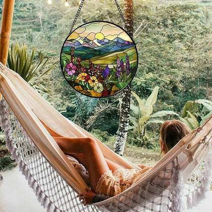 Stained Glass Window Hanging Purple Wildflowers Pastoral Scenery 7.8" - Suncatcher Door Garden Sun Catcher Home Decor Birthday Christmas for Mom Men Woman Friend