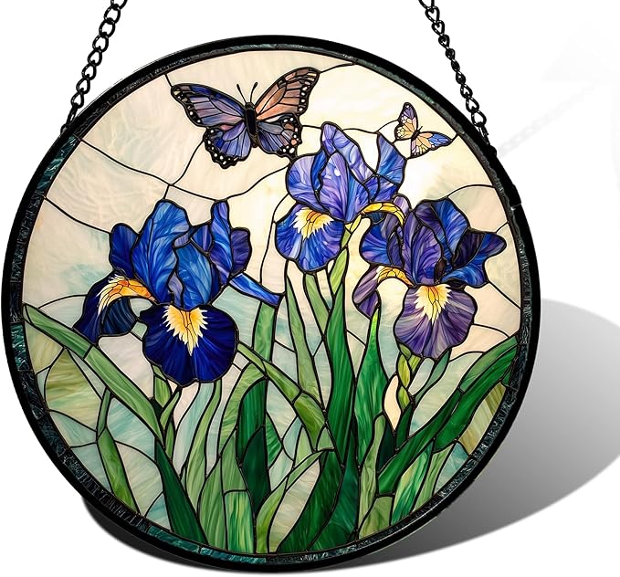 DASTOLL Stained Glass Window Hanging, Blue Purple Butterfly Flower Suncatcher Diamond Colorful Glass Panel Sun Catchers Decor for Birthday for Women, Men, Wife, Aunt, and Mom 9.8 in