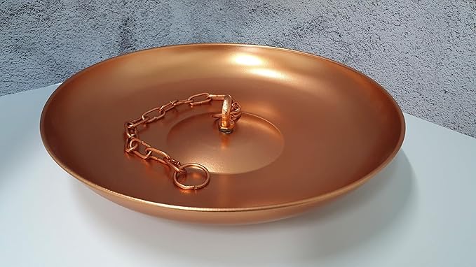 Copper Colored 11" Dia Iron Anchoring Basin with 17" Chain for Rain Chains, Rust-Resistant Plated Iron, Decorative Fountain Dish for Outdoor Garden, Lawn & Patio Water Features