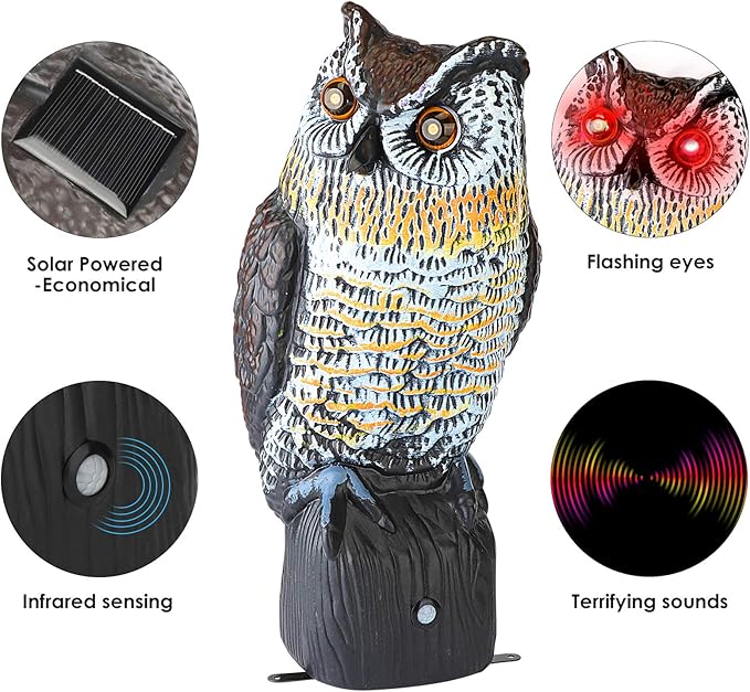 Ruolan Plastic Owl,Brid Owl with Flashing Eyes&Frightening Sound for Garden Yard Outdoor