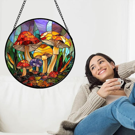 DASTOLL Stained Glass Window Hanging, Jungle Mushrooms Sun Catchers Diamond Glass Panel Hangings Plant Suncatcher Decor for Birthday for Women, Men, Wife, Aunt, and Mom 14.9x14.9 in