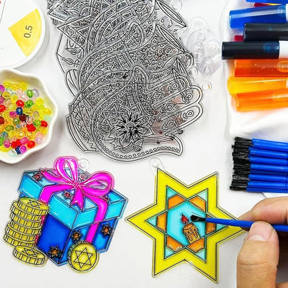 AUEKIV Suncatchers Kit 30Sets Hanukkah Suncatchers Window Art Paint Sun Catcher DIY Craft Kits Chanuka Menorah Dreidel Star Suncatcher Kits for Hanukkah Festival Home Party Activity Decorations