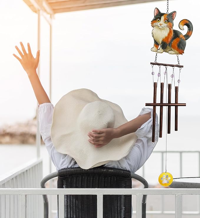 CoTa Global Calico Cat Wind Chime - Pet-Themed Metal Hanging Decor with Copper-Tone Tubes and Beaded Accents, Indoor Outdoor Porch Patio Garden Decoration - 34 Inches