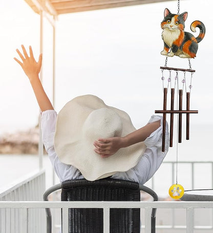 CoTa Global Calico Cat Wind Chime - Pet-Themed Metal Hanging Decor with Copper-Tone Tubes and Beaded Accents, Indoor Outdoor Porch Patio Garden Decoration - 34 Inches