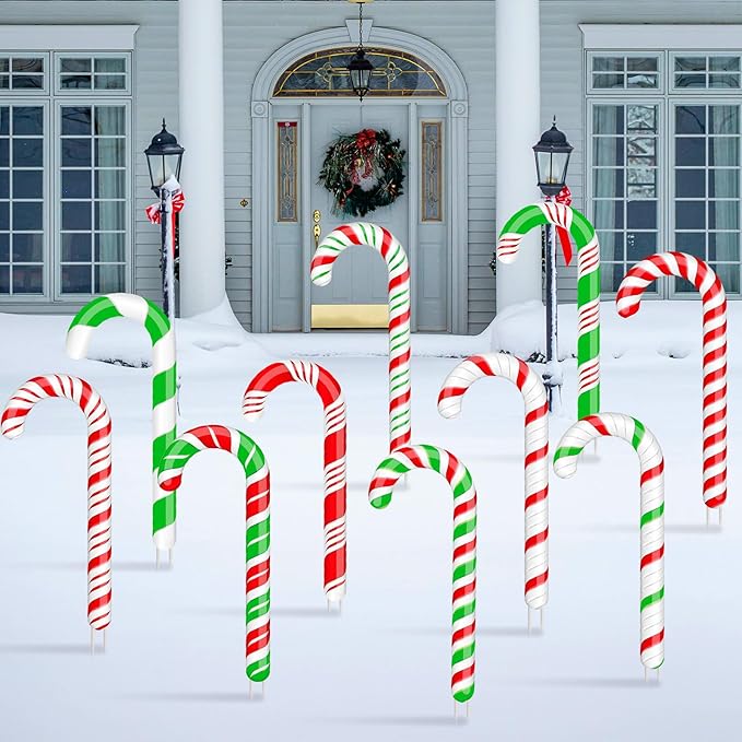 Glenmal 12 Pcs Christmas Candy Cane Yard Decor Outdoor Lawn Garden Yard Sign Red Green White Candy Cane Decoration Christmas Decoration with Stakes for Xmas Holiday Decor