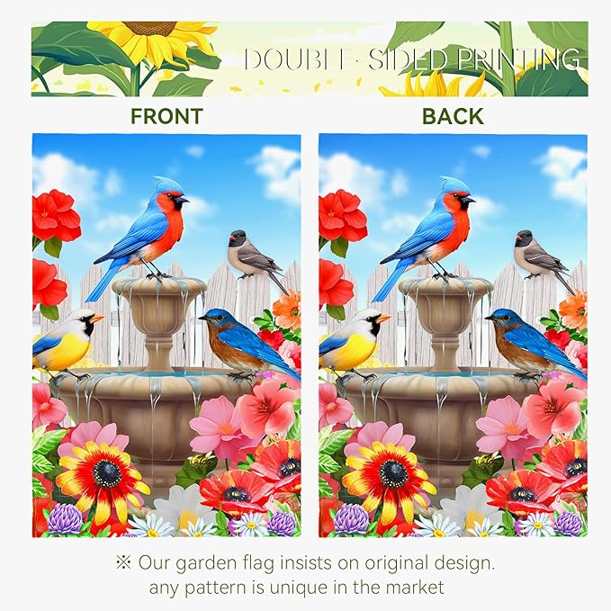 Summer Birdbath Gathering Garden Flag Birds Floral Yard Flag Double Side Polyester Colorful Flowers Garden Flags 12x18 Inch for Outdoor House Banner Decoration