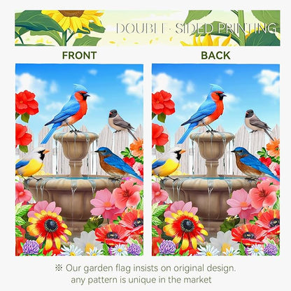 Summer Birdbath Gathering Garden Flag Birds Floral Yard Flag Double Side Polyester Colorful Flowers Garden Flags 12x18 Inch for Outdoor House Banner Decoration