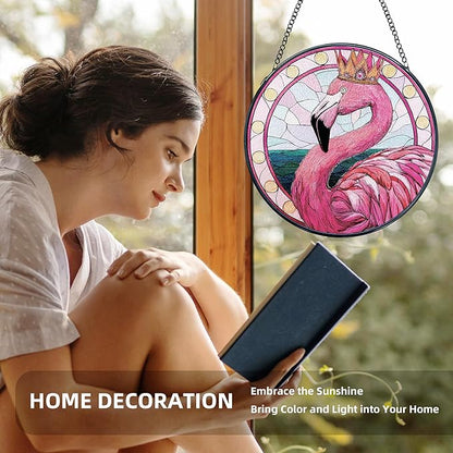 Pink Flamingo Stained Glass Window Hanging, Flamingo Suncatcher, Tropical Pink Flamingos Bird Sun Catchers Indoor Window Round Glass Wall Art Hanging Decorations, 7.9x7.9in
