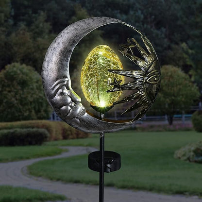 Exhart Garden Stake, Sun and Moon Solar Garden Sculpture, LED Amber Crackle Glass Orb, Silver Metal Outdoor Lawn Decor and Yard Art, 8.5 x 3 x 38 Inch