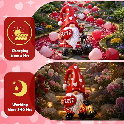 Retisee Solar Valentine's Day Garden Statue Resin Gnome Statue with Hearts LED Lights Outdoor Love Solar Light Figurine Decoration for Yard Patio Lawn Gift for Valentine's Day Anniversary