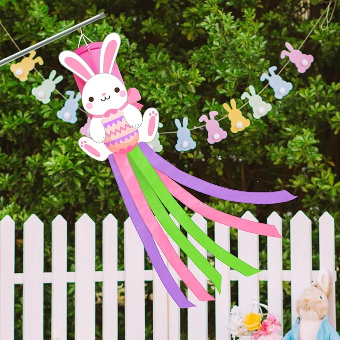 40 Inches Easter Bunny Windsock Decorations, Hanging Outdoor Spring Decor with Colorful Streamers and Cute Rabbit Egg Design, Festive Holiday Wind Sock Ornament for Outside Garden, Patio, and Yard