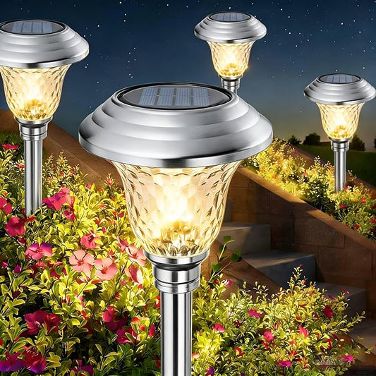 BEAU JARDIN 8 Pack Solar Pathway Lights White+ Color Changing Stainless Steel 3 Mode Outdoor Multicolor Metal Solar Powered Waterproof Glass for Garden Landscape Path Yard Walkway Driveway Silver