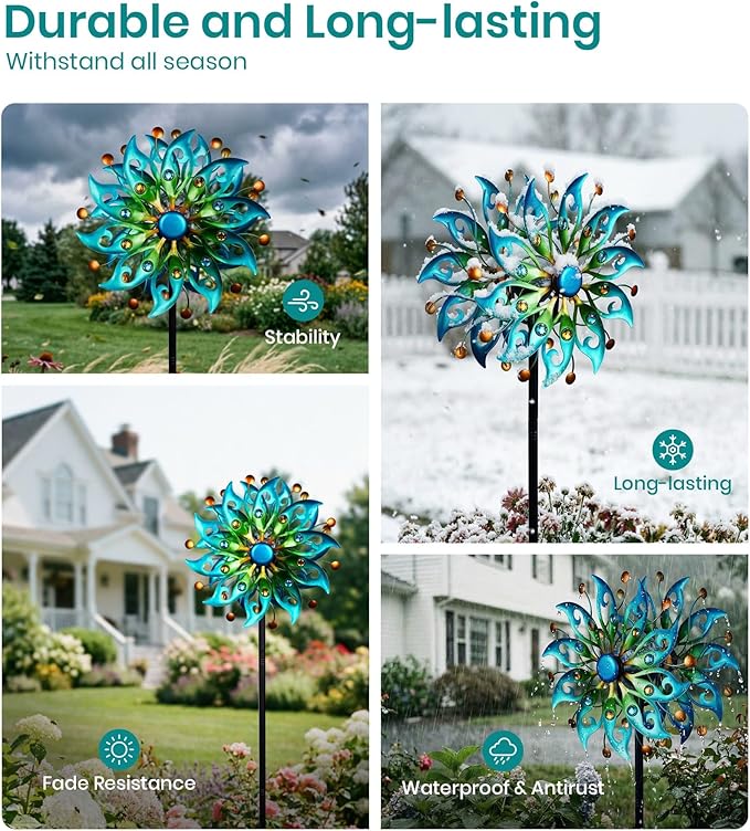 Solar Wind Spinners Outdoor – H63xW13 Metal Kinetic Garden Spinner with Crackle Glass Ball & Built-in Solar Panel – Peacock-Style Yard Wind Sculpture with LED Light