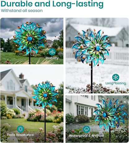 Solar Wind Spinners Outdoor – H63xW13 Metal Kinetic Garden Spinner with Crackle Glass Ball & Built-in Solar Panel – Peacock-Style Yard Wind Sculpture with LED Light