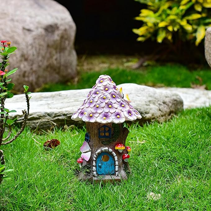 Fairy Garden House Outdoor Figurine Lights, Fairy Houses for Outside, Garden Statues Mushroom House, for Patio, Yard, Balcony Decoration, Outdoor Decorations Yard and Birthday Gifts for Mom Women