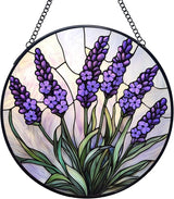 Lavender Flower Stained Glass Window Hanging Suncatchers, Purple Lavender Sun Catchers Indoor Window Glass Wall Art Decor, Floral Botanical Wall Hanging Decorations Sculptures, 7.9x7.9in