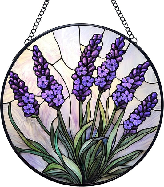 Lavender Flower Stained Glass Window Hanging Suncatchers, Purple Lavender Sun Catchers Indoor Window Glass Wall Art Decor, Floral Botanical Wall Hanging Decorations Sculptures, 7.9x7.9in