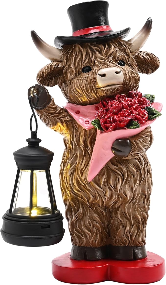 TERESA'S COLLECTIONS 8" Charming Highland Cow Garden Statue with Solar Lantern, Valentine's Day Resin Figurine Holding Roses and Wearing Top Hat, Weatherproof Outdoor Decor, Gifts for Cows Lover