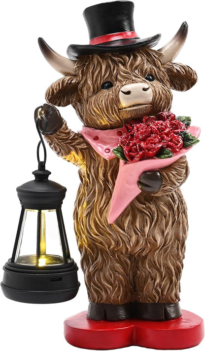 TERESA'S COLLECTIONS 8" Charming Highland Cow Garden Statue with Solar Lantern, Valentine's Day Resin Figurine Holding Roses and Wearing Top Hat, Weatherproof Outdoor Decor, Gifts for Cows Lover