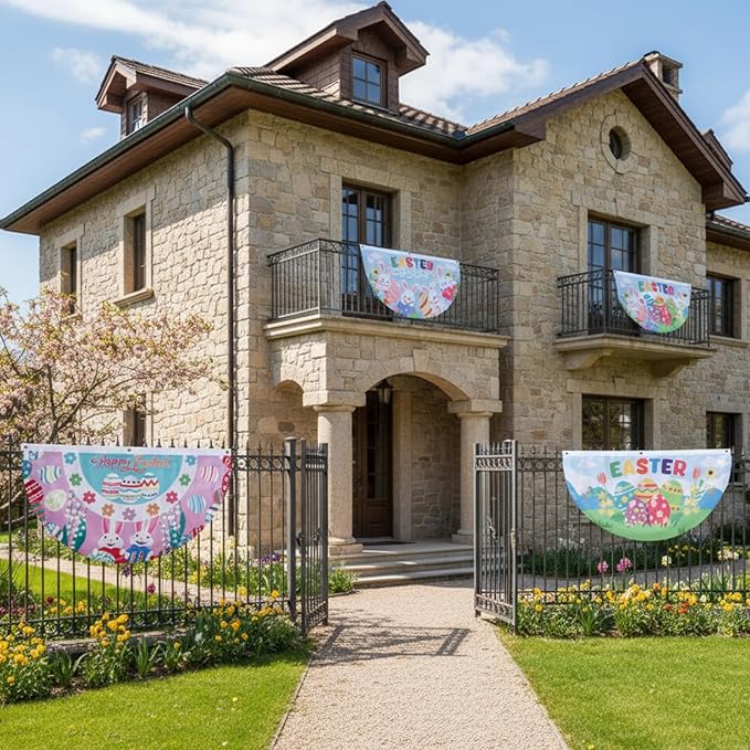 Lounsweer 12 Pcs Easter Bunting Flag Banners 3 x 1.5 ft Easter Bunting Garden Flag Hanging Decor Polyester for Holiday Lawn Yard Outdoor Decor