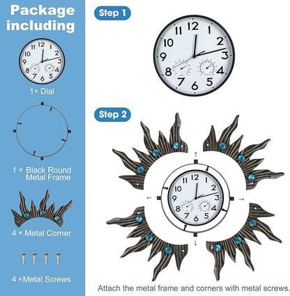 Garden Outdoor Clocks with Thermometer and Hygrometer Combo, Silent No-Ticking Outdoor Wall Clocks, Waterproof Outdoor Clocks Vintage Copper Sun, 18.5 Inch