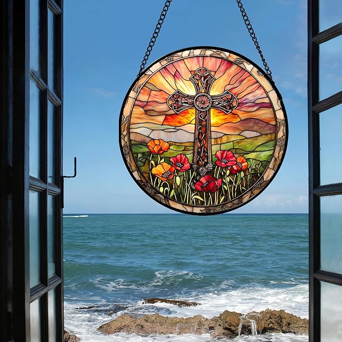 Christian Gifts for Women - Cross Stained Glass Window Hanging Jesus Easter Poppy Sunset Landscape Sun Catcher Garden Religion Decor Mother's Day Catholic Gift for Men Grandma Mom Her 6.3"