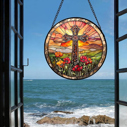 Christian Gifts for Women - Cross Stained Glass Window Hanging Jesus Easter Poppy Sunset Landscape Sun Catcher Garden Religion Decor Mother's Day Catholic Gift for Men Grandma Mom Her 6.3"