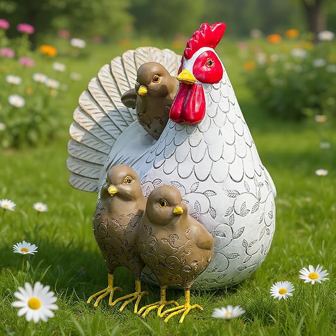 Elenon Sitting Mother Hen and Baby Chick Statue, Resin Farm Animal Decoration, Chicken Sculpture Yard Art Outdoor Lawn Decoration