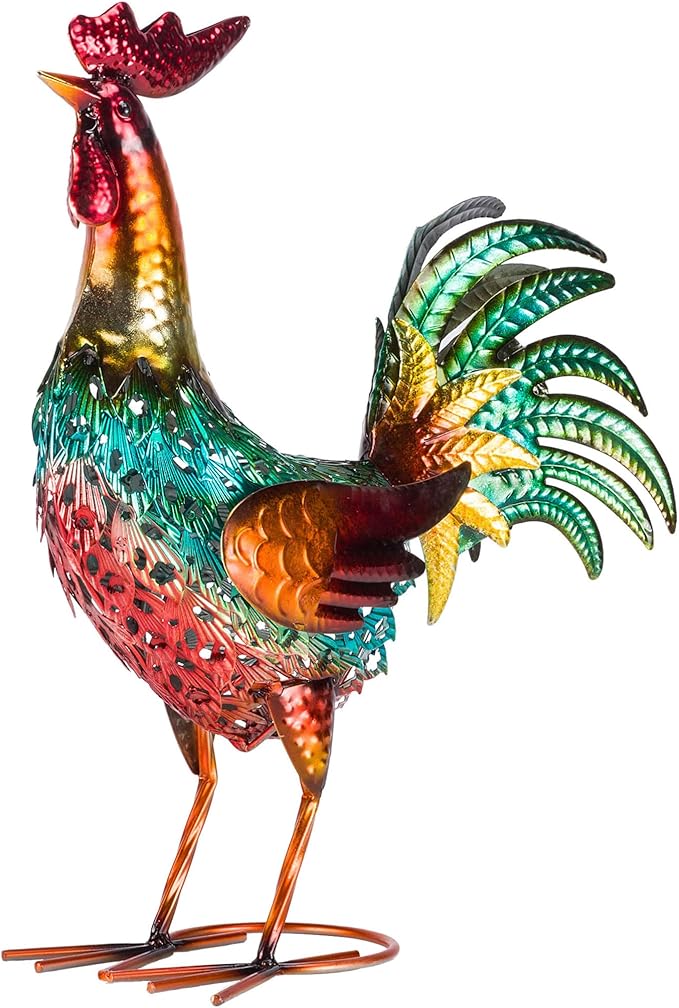 Alpine Corporation 16" Tall Outdoor Metal Standing Rooster Statue with Vibrant Design, Garden Decor, Metallic Red