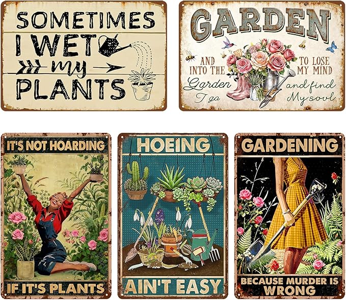 5 Pack Funny Garden Decor Metal Tin Signs For Outside Gardening Gifts For Women Plant Decorations Yard Art Outdoor Greenhouse Decorations Best Gifts For Gardeners Funny Plant Lover Decor Sign 12x8 In