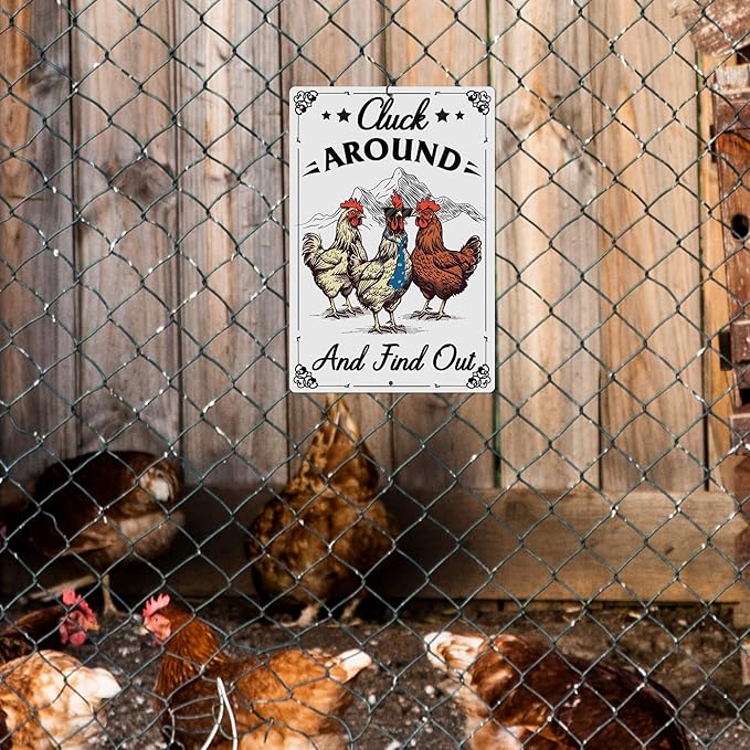 Putuo Decor Funny Chicken Sign Cluck Around And Find Out Metal Tin Sign Funny Wall Decor For Farmhouse Chicken Coop For Garden Decor Vintage Metal Tin Sign Plaque Outdoor Decor 12x8 Inch