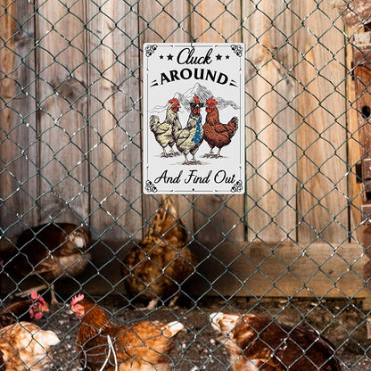 Putuo Decor Funny Chicken Sign Cluck Around And Find Out Metal Tin Sign Funny Wall Decor For Farmhouse Chicken Coop For Garden Decor Vintage Metal Tin Sign Plaque Outdoor Decor 12x8 Inch