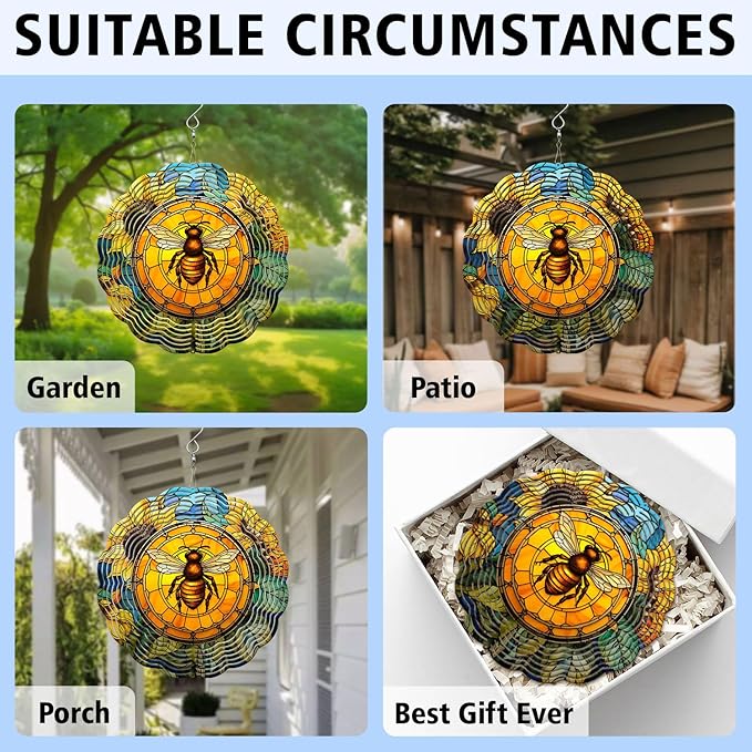 Bee Wind Spinner, Bee Stained Glass Wind Spinner, Wind Sculpture Bee Wind Spinners for Garden Patio Yard Decor