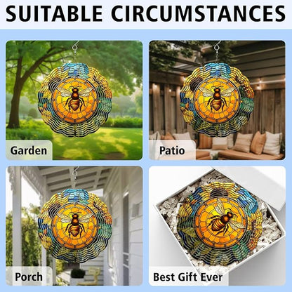 Bee Wind Spinner, Bee Stained Glass Wind Spinner, Wind Sculpture Bee Wind Spinners for Garden Patio Yard Decor