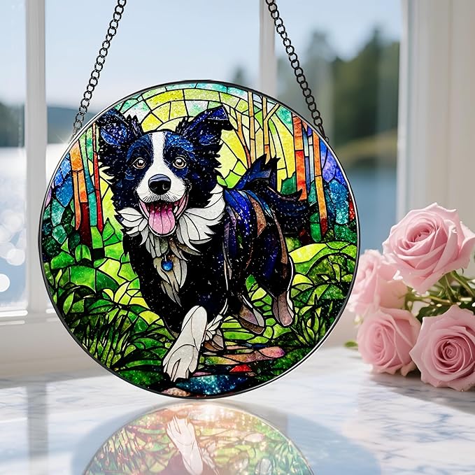 8″ Stained Glass Window Hanging Ornament, Border Collie Stained Glass Suncatcher Ornament, Sun-Catcher Window Decor | Gifts for Dog Lovers, Dog Lover Gift, Pet Lover Gift