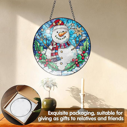 VAIIEYO Christmas Sun Catcher Stained Glass Window Hanging Ornament, Handmade Sun Catcher Snowman Decoration with Hooks for Window Garden Home, Christmas & Birthday Housewarming Gift (7.8 inch)