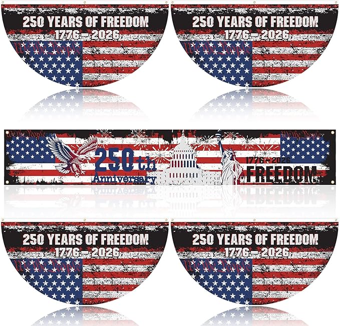 Chumia 5 Pcs USA 250th Anniversary Decoration Set Include 4 Patriotic Fan Banners 1 Large Fence Banner 1776-2026 Semiquincentennial Outdoor Bunting for 4th of July, Memorial Day, Patriotic Party Decor