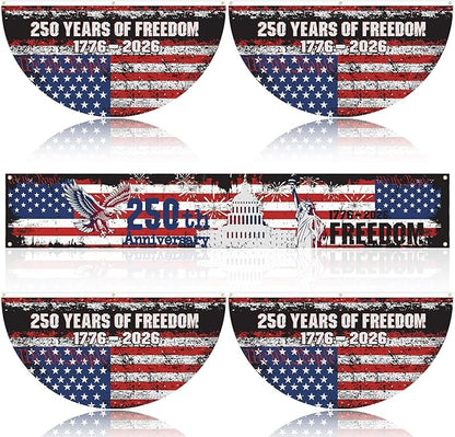 Chumia 5 Pcs USA 250th Anniversary Decoration Set Include 4 Patriotic Fan Banners 1 Large Fence Banner 1776-2026 Semiquincentennial Outdoor Bunting for 4th of July, Memorial Day, Patriotic Party Decor