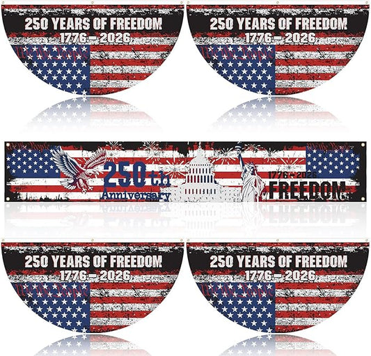 Chumia 5 Pcs USA 250th Anniversary Decoration Set Include 4 Patriotic Fan Banners 1 Large Fence Banner 1776-2026 Semiquincentennial Outdoor Bunting for 4th of July, Memorial Day, Patriotic Party Decor