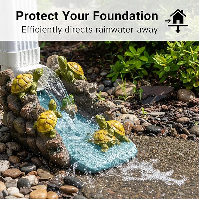 Turtle Splash Block - Decorative Resin Gutter Downspout Diverter, 11” x 6.1” x 6.9”, Durable Water Flow Protector for Yard, Garden & Patio, Functional Outdoor Tortoise Statue for Rainwater Drainage