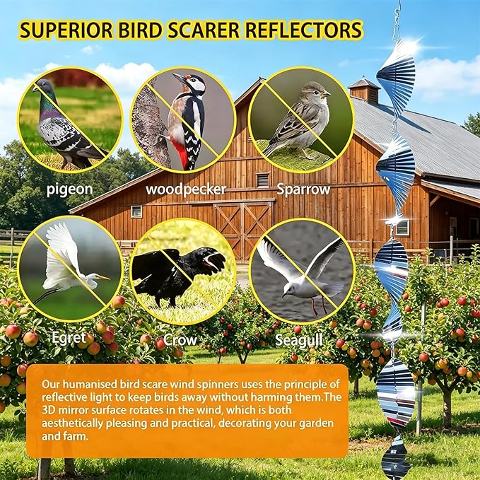 12PCS Stainless Steel Bird Deterrent Wind Spinners for Outside – Reflective Outdoor Bird Repellent Hanging Ornaments, Humane Pigeon Scarer for Yard Garden, Balcony, Patio, Roof & Window (12, Spiral)