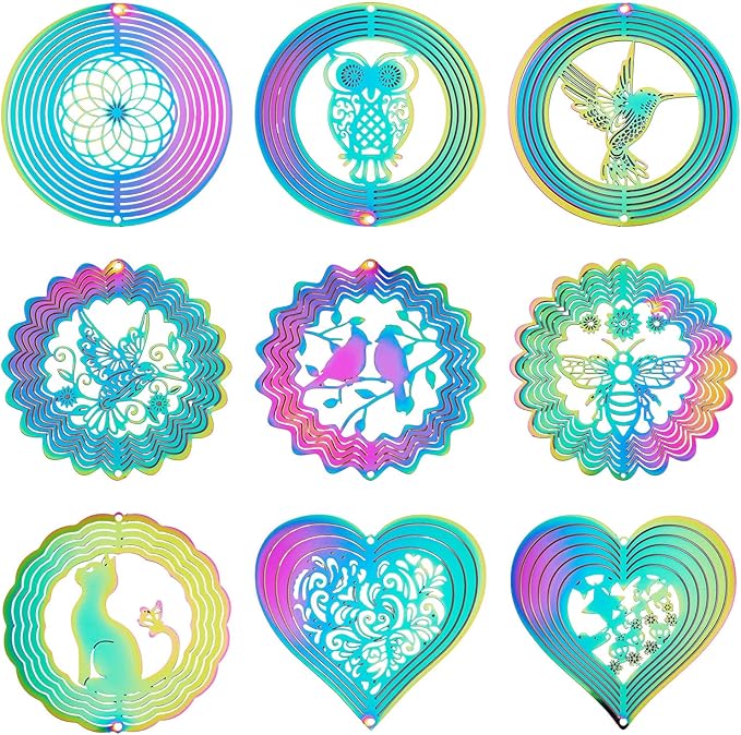 9Pcs Animal Wind Spinners Outdoors Assorted Stainless Steel Wind Sculpture Spinner for Garden Outside Hanging Decor Gradient Etched Metal Embellishments for Garden Yarn Home Decor