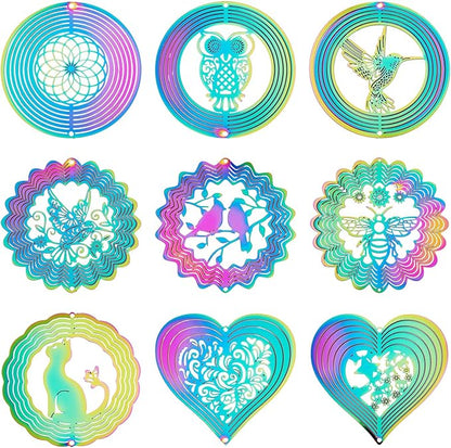 9Pcs Animal Wind Spinners Outdoors Assorted Stainless Steel Wind Sculpture Spinner for Garden Outside Hanging Decor Gradient Etched Metal Embellishments for Garden Yarn Home Decor