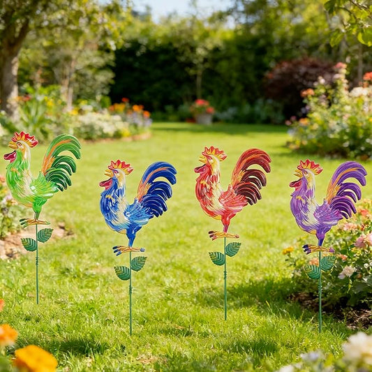 Metal Garden Stakes Outdoor Decor, 18 inch Garden Yard Art, Weather Proof Rooster Stakes for Yard Lawn Porch Pathway Patio Plant Pot Decorations, 4 Pack (Rooster-a-Head)