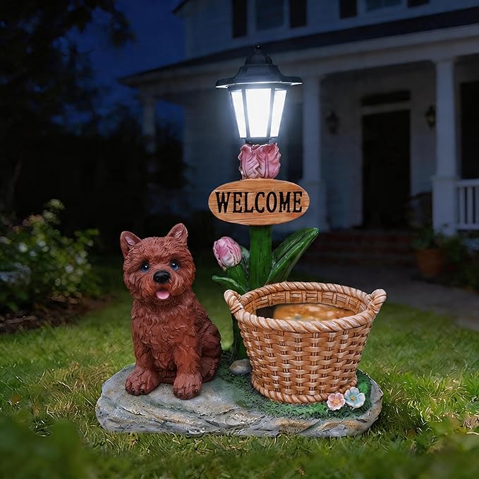 Solar Garden Statue with Planter & Solar Lantern, Outdoor Resin Animal Sculpture, Waterproof Yard Lawn Decor Pot for Succulents, Front Porch Ornament Housewarming Gift (Yorkie)