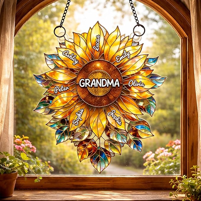 Personalized Grandma Sunflower Stained Glass Suncatcher, Custom Grandkids Names Window Hanging, Sunflower Ornament for Grandma, Window Decor Gift, Gift for Mother’s Day