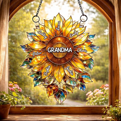 Personalized Grandma Sunflower Stained Glass Suncatcher, Custom Grandkids Names Window Hanging, Sunflower Ornament for Grandma, Window Decor Gift, Gift for Mother’s Day