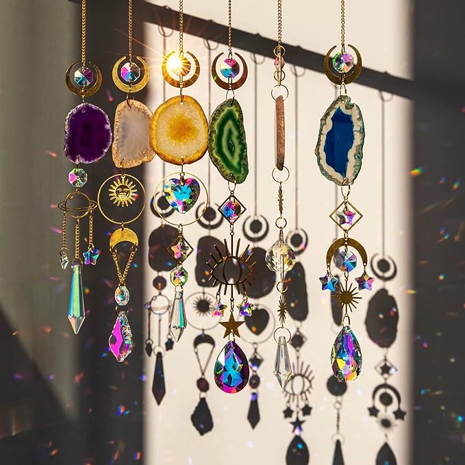 WEISIPU Set of 6 Crystal Sun Catchers - Window Hanging Sun Catchers with Crystals and Agate Slices, Wind Chimes Ornaments Decor Prism for Home Car Window Party Decorations-6 Pcs
