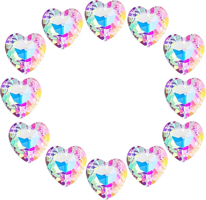 12pcs Colorful Crystal Heart Prism Suncatcher, Heart Prism Chandelier Drop Parts Window Sun Catcher Crystals Hanging Pendant, 27mm Rainbow Maker Wedding Decor